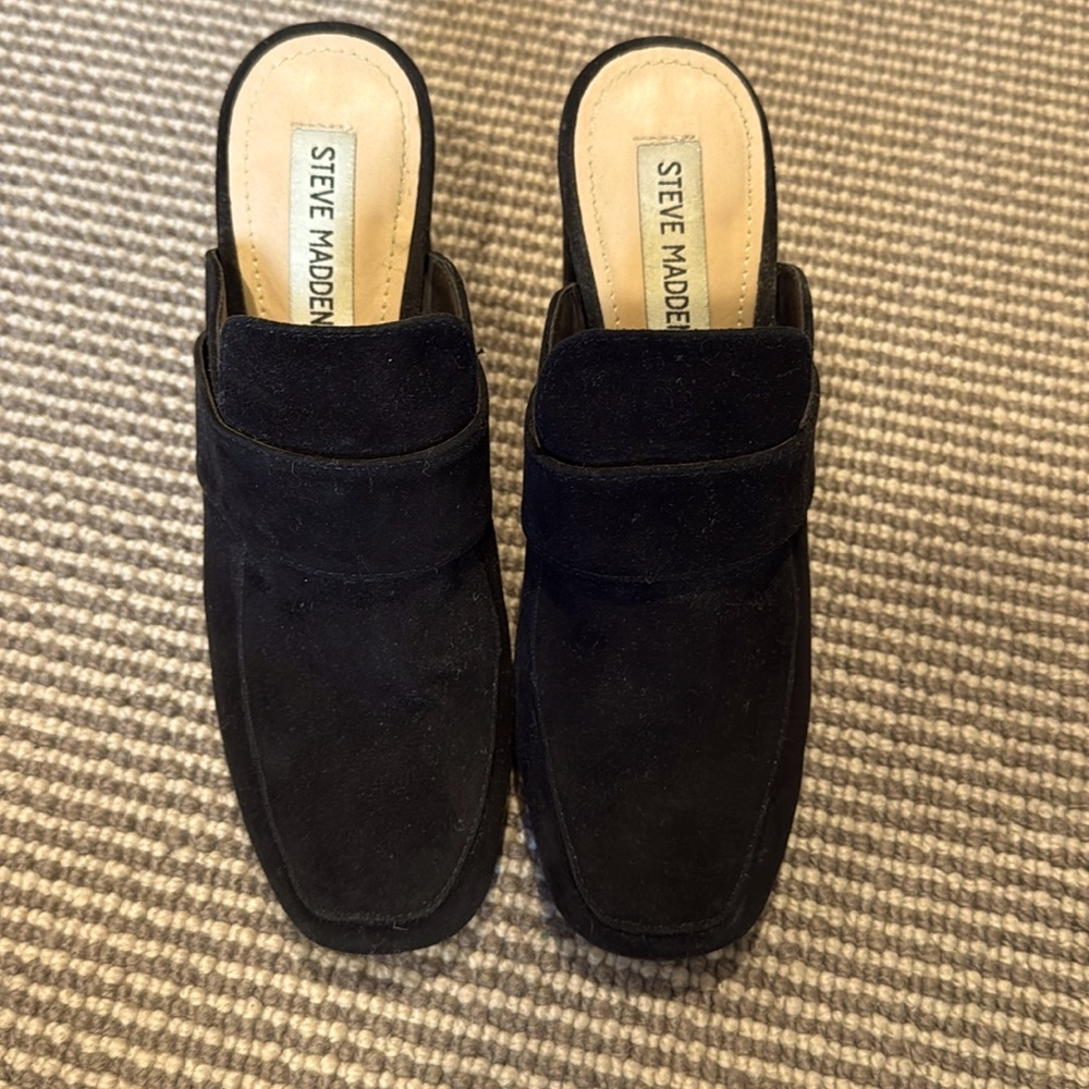 Black Suede Steve Madden high heel
Loafer slides.